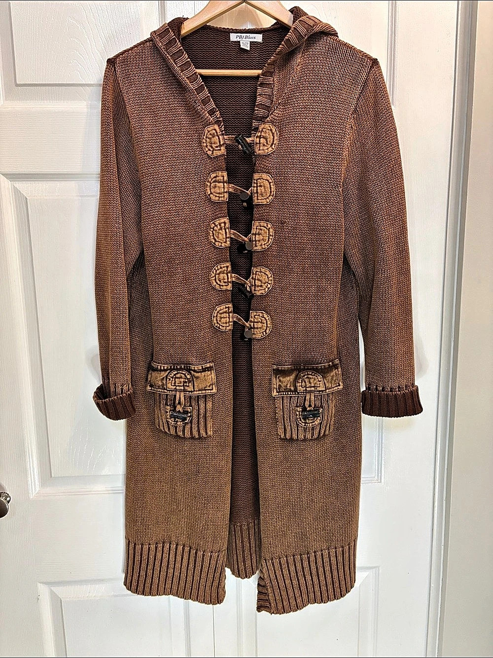 Vintage PBJ Blues Brown Hooded Toggle Cardigan Sweater XL